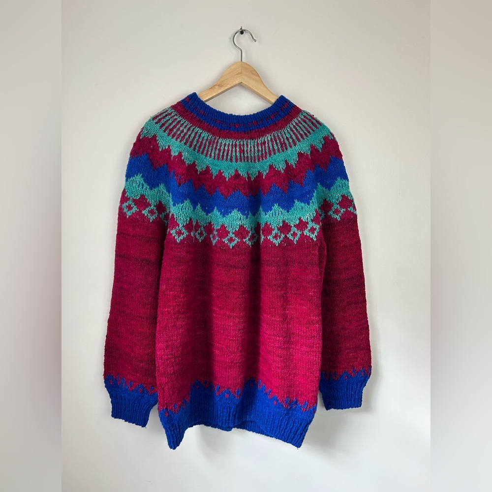 Vintage Hand Knit Fair Isle Cardigan Sweater - Picture 3 of 7